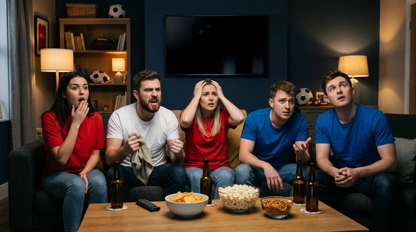 Des amis devant un match de football sur un téléviseur qui s'éteint