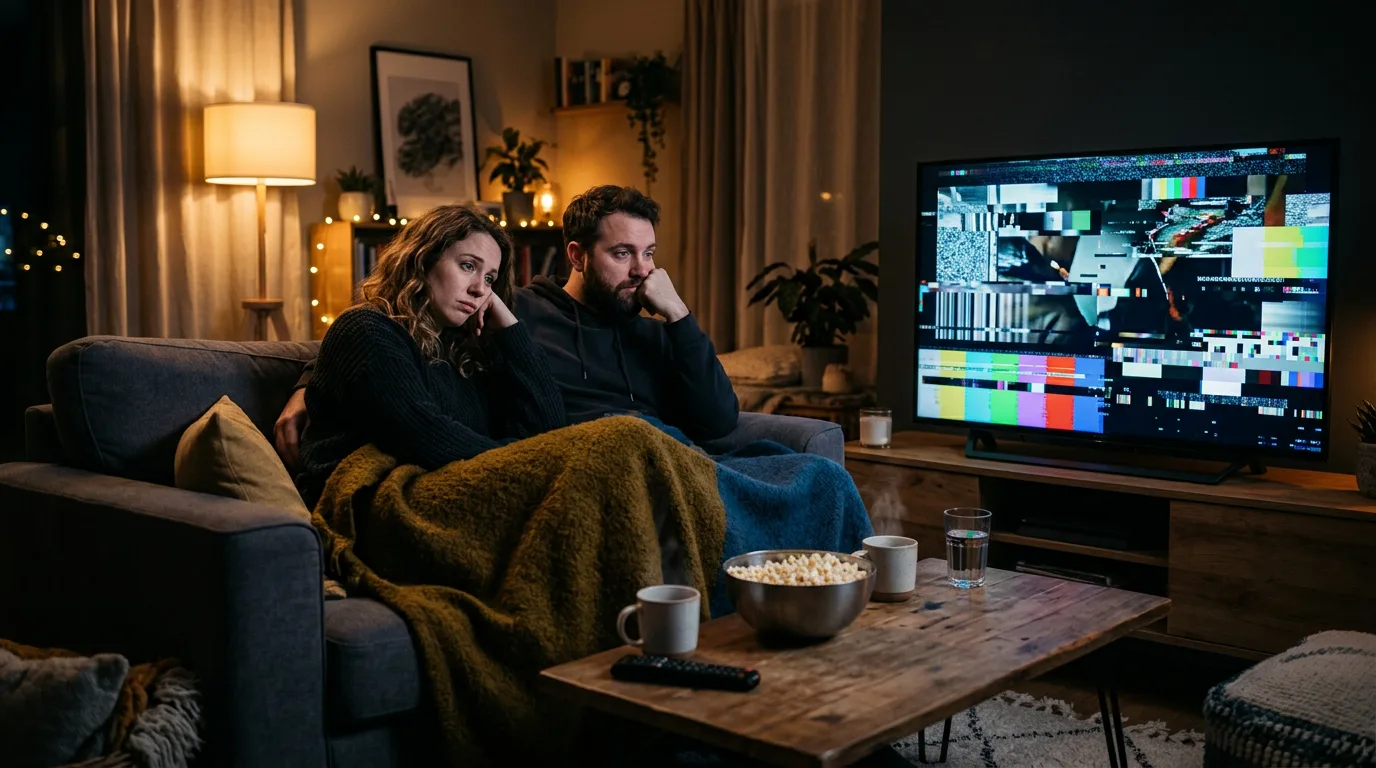Un couple devant un film sur une télé dont l'image est figée