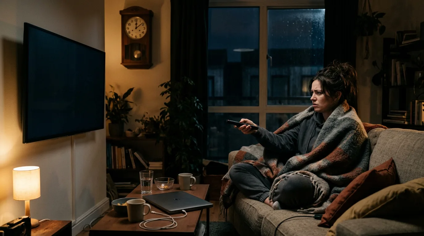 Une personne seule le soir face à un écran de télévision éteint